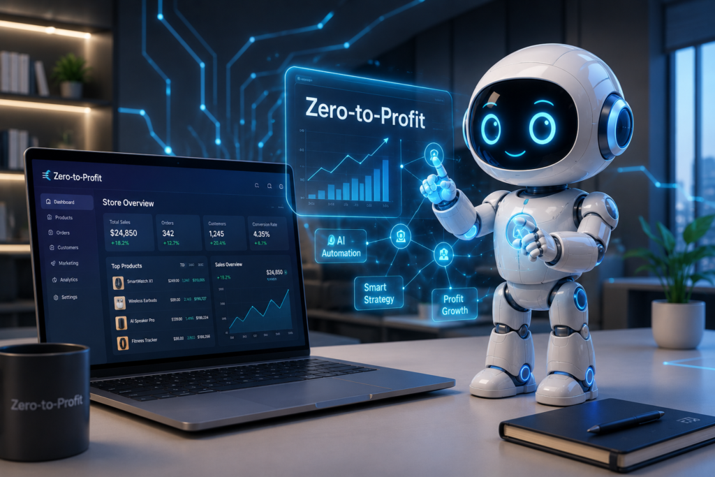 Robot assistant managing an AI-powered digital store dashboard for zero-to-profit success