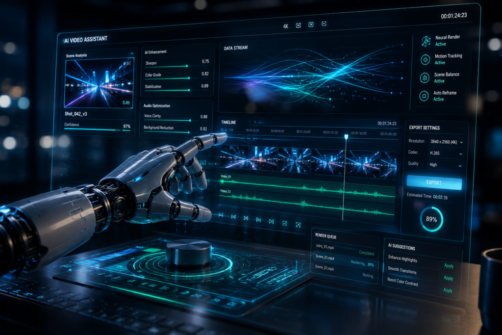 AI video monetization strategies showing a robotic hand with a holographic interface.