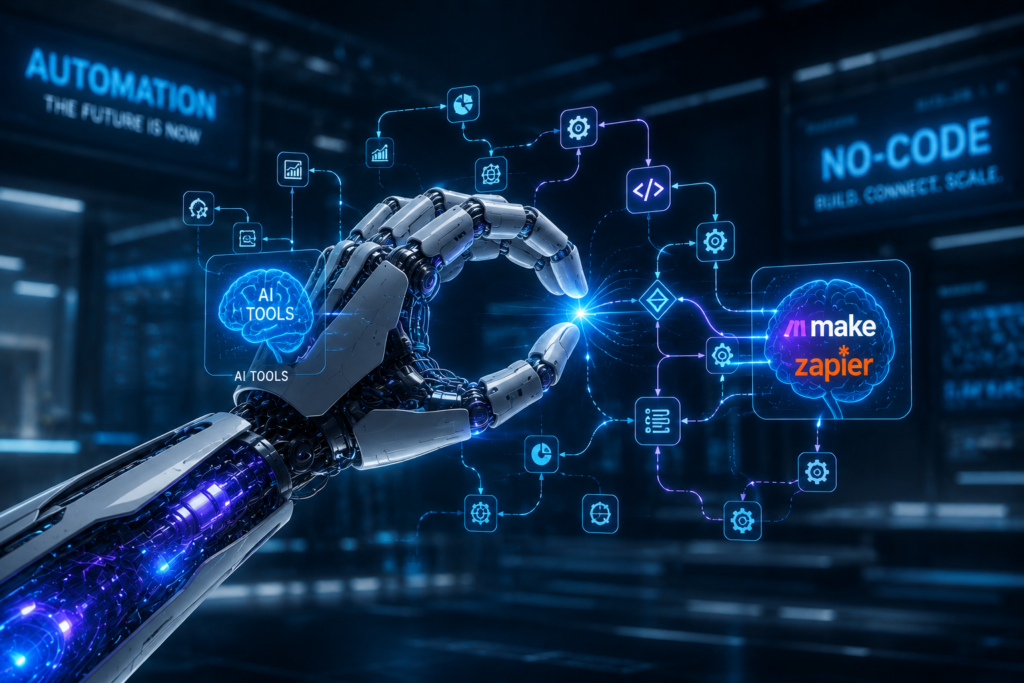 The No-Code Revolution: Connecting AI Tools with Make.com & Zapier Futuristic robot arm connecting AI logic blocks for The No-Code Revolution automation workflow with Make.com and Zapier.