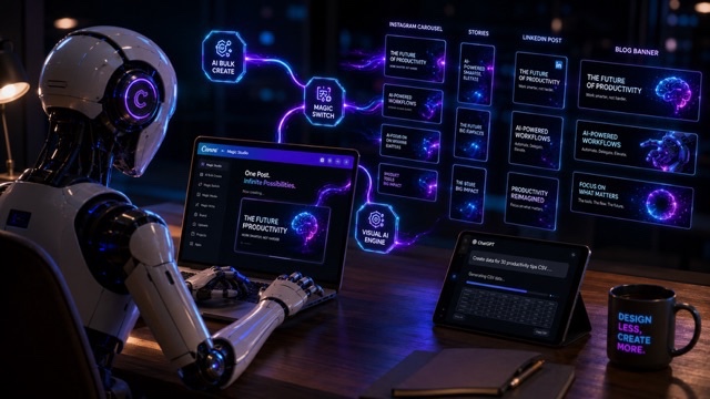 A sleek white AI robot working at a desk using Canva Magic Studio and ChatGPT to automatically generate multiple visual content formats like carousels and blog banners.